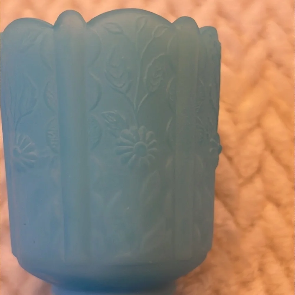 Fenton Panel Daisy Satin Blue Emboss Glass Vase Toothpick Candle Holder Vintage